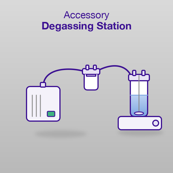 Degassing Station setup: vacuum pump, trap bottle, and buffer bottle on a magnetic stirrer connected by tubing