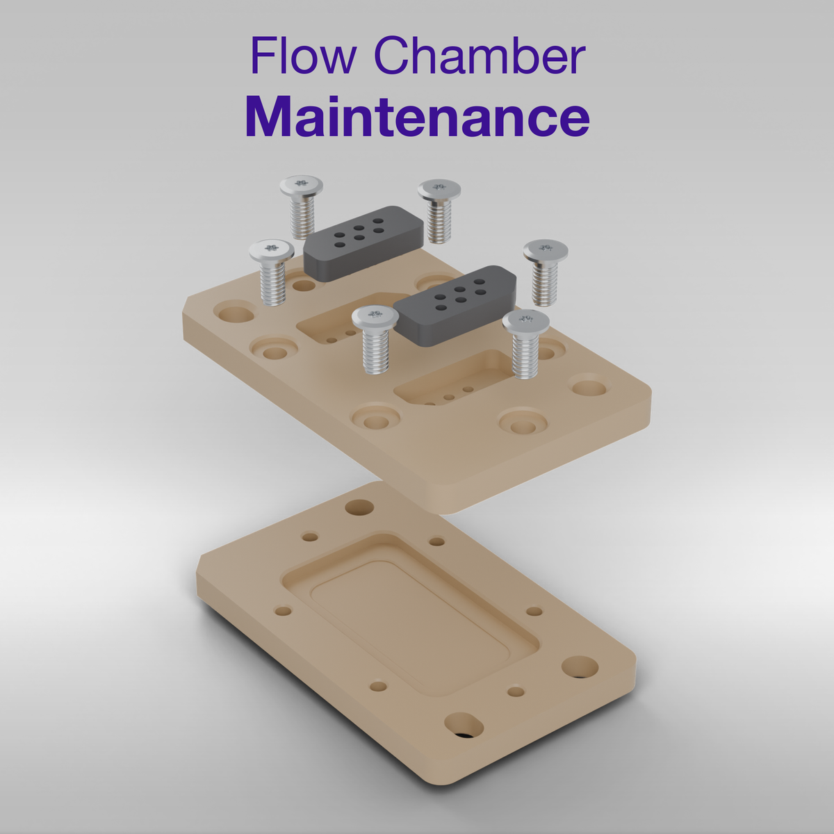 Exploded view of the maintenance flow chamber for the MACS Matchmaker: the two natural PEEK chamber halves in beige, the two black silicone tube seals and the six Torx assembly screws. The chamber carries no sensor chip and no chamber seal.