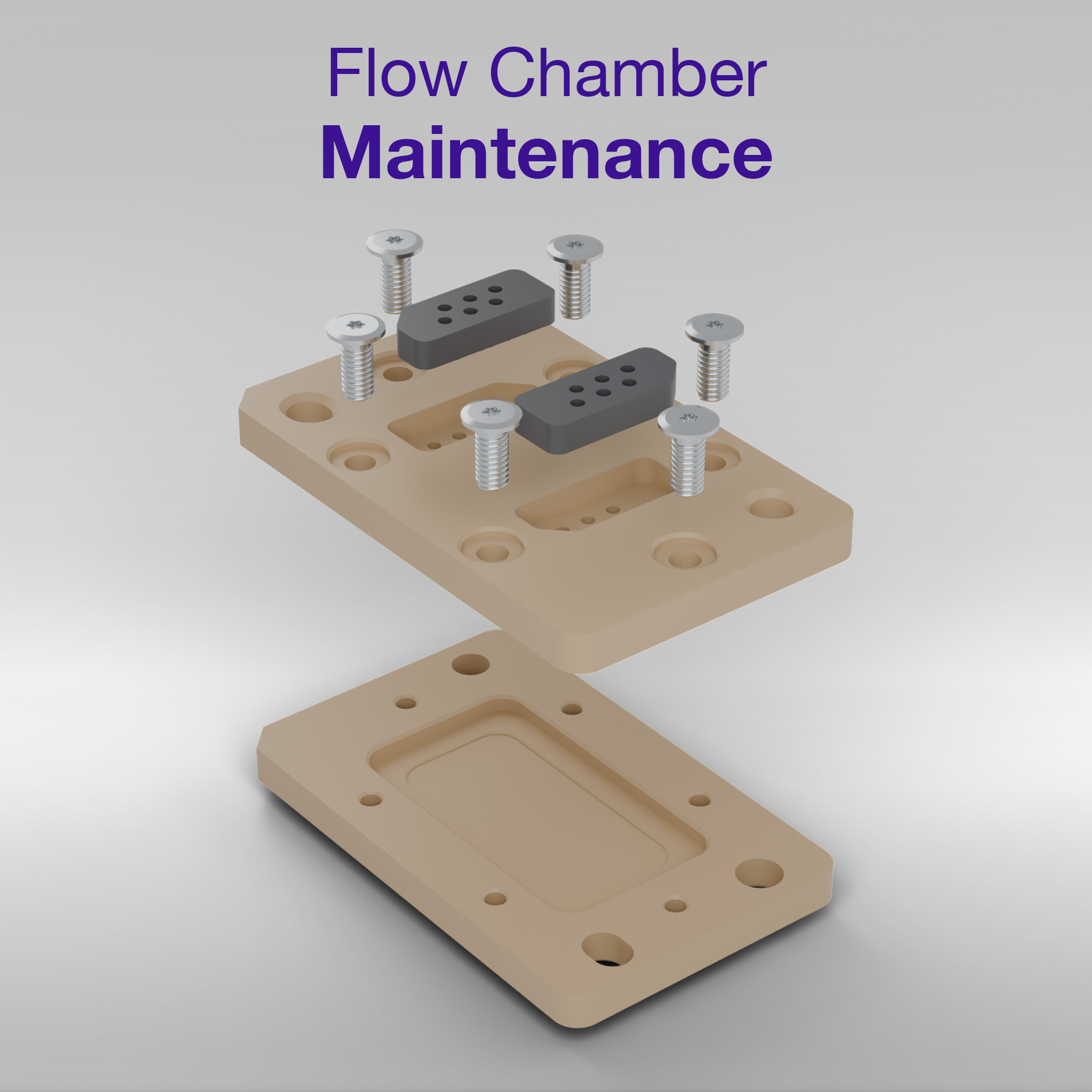 Exploded view of the maintenance flow chamber for the MACS Matchmaker: the two natural PEEK chamber halves in beige, the two black silicone tube seals and the six Torx assembly screws. The chamber carries no sensor chip and no chamber seal.