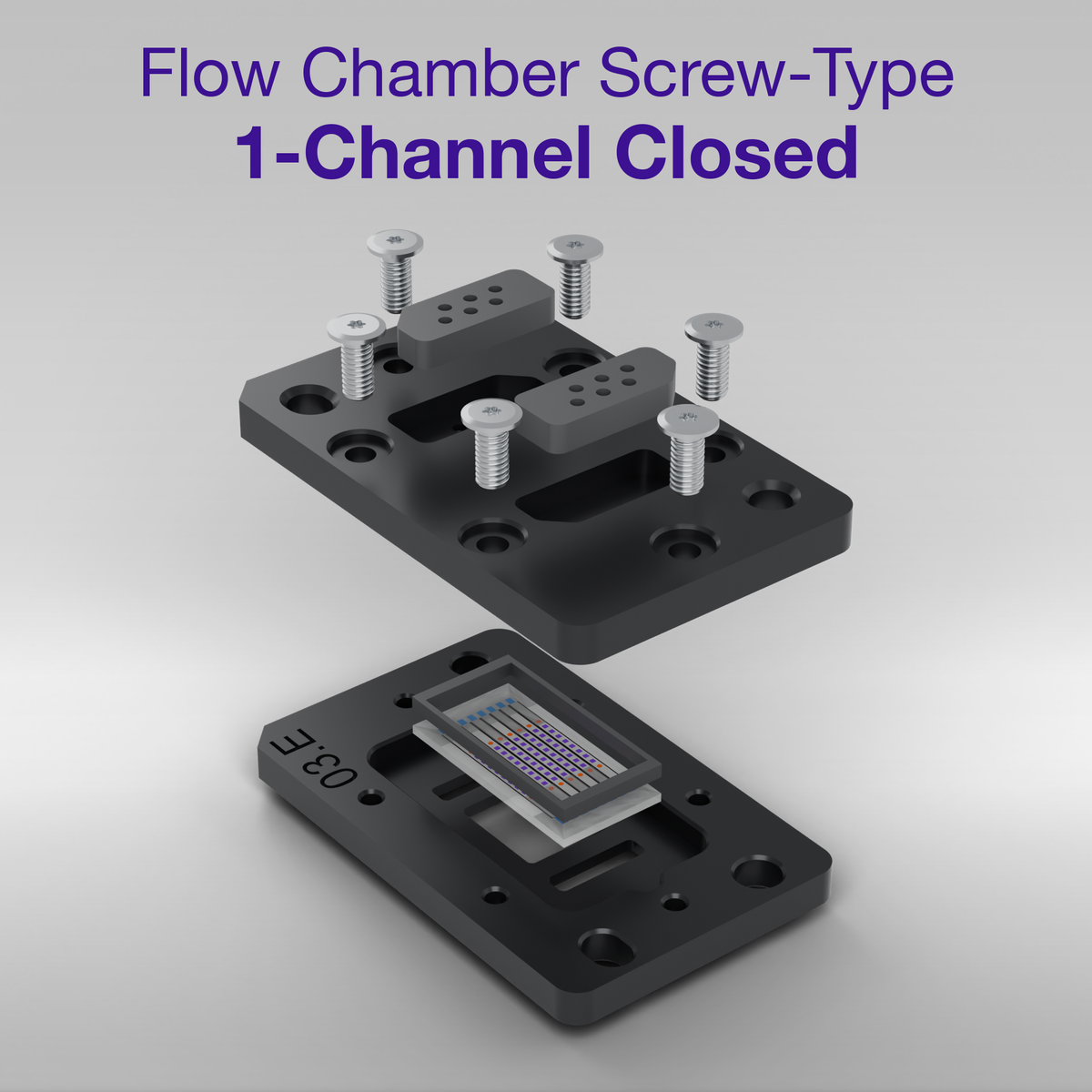 Exploded view of the closed 1-channel screw-type flow chamber: upper part with the two fluidic ports, mologram sensor chip seated in the base plate, and the Torx assembly screws