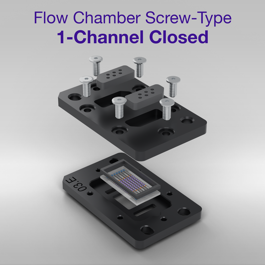 Exploded view of the closed 1-channel screw-type flow chamber: upper part with the two fluidic ports, mologram sensor chip seated in the base plate, and the Torx assembly screws