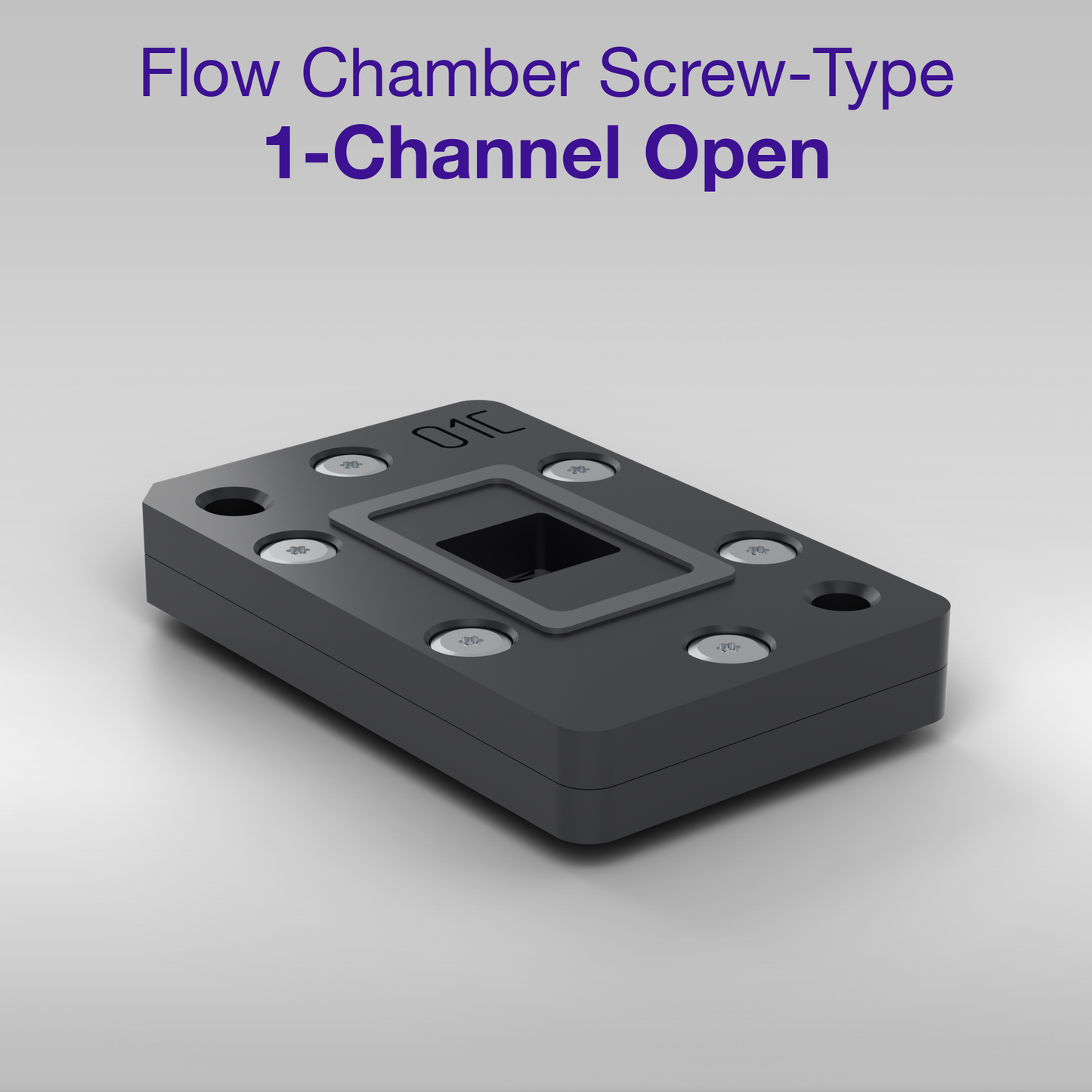 Assembled open 1-channel screw-type flow chamber: upper part fastened to the base plate with six stainless steel screws, single open well accessible from above