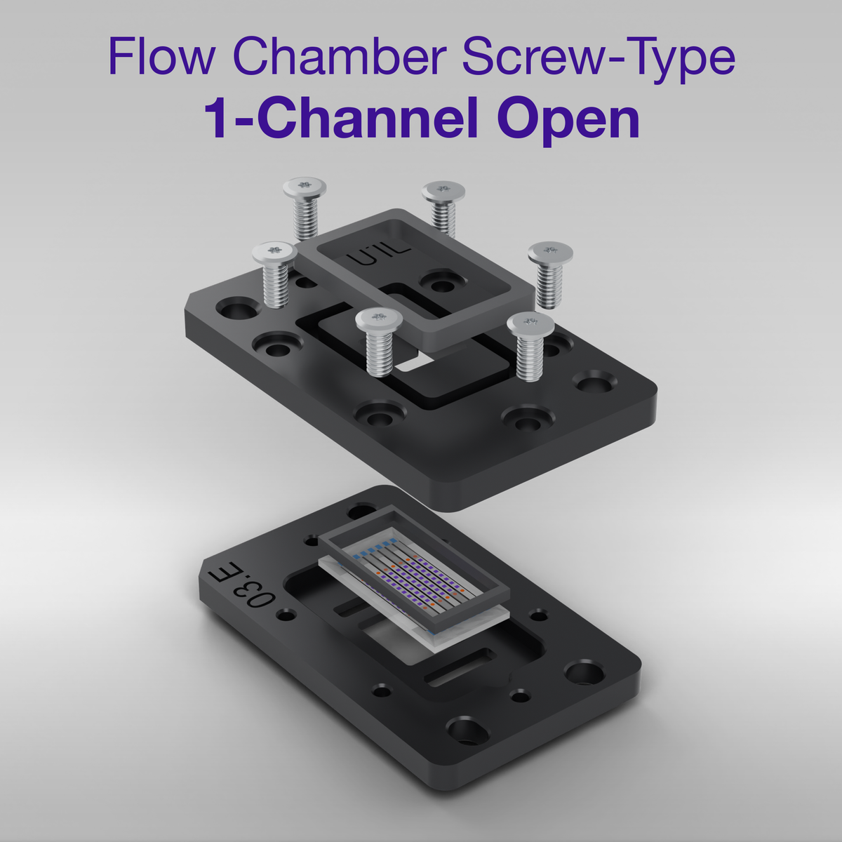 Exploded view of the open 1-channel screw-type flow chamber: upper part with a single open well, mologram sensor chip seated in the base plate, and the Torx assembly screws