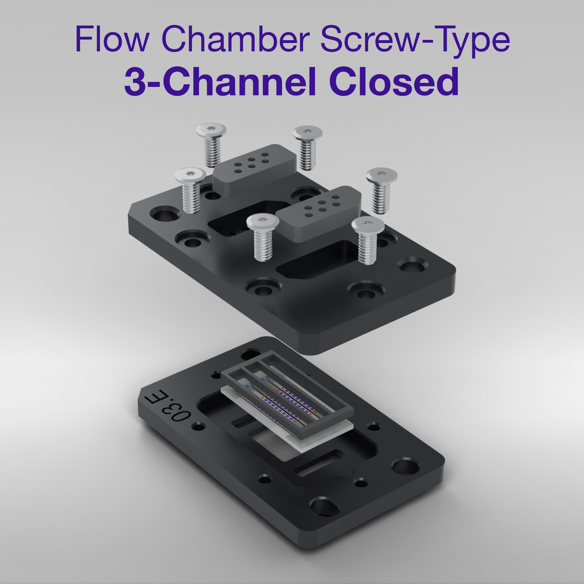 Exploded view of the closed 3-channel screw-type flow chamber: upper part with the fluidic ports of the three channels, mologram sensor chip seated in the base plate, and the Torx assembly screws