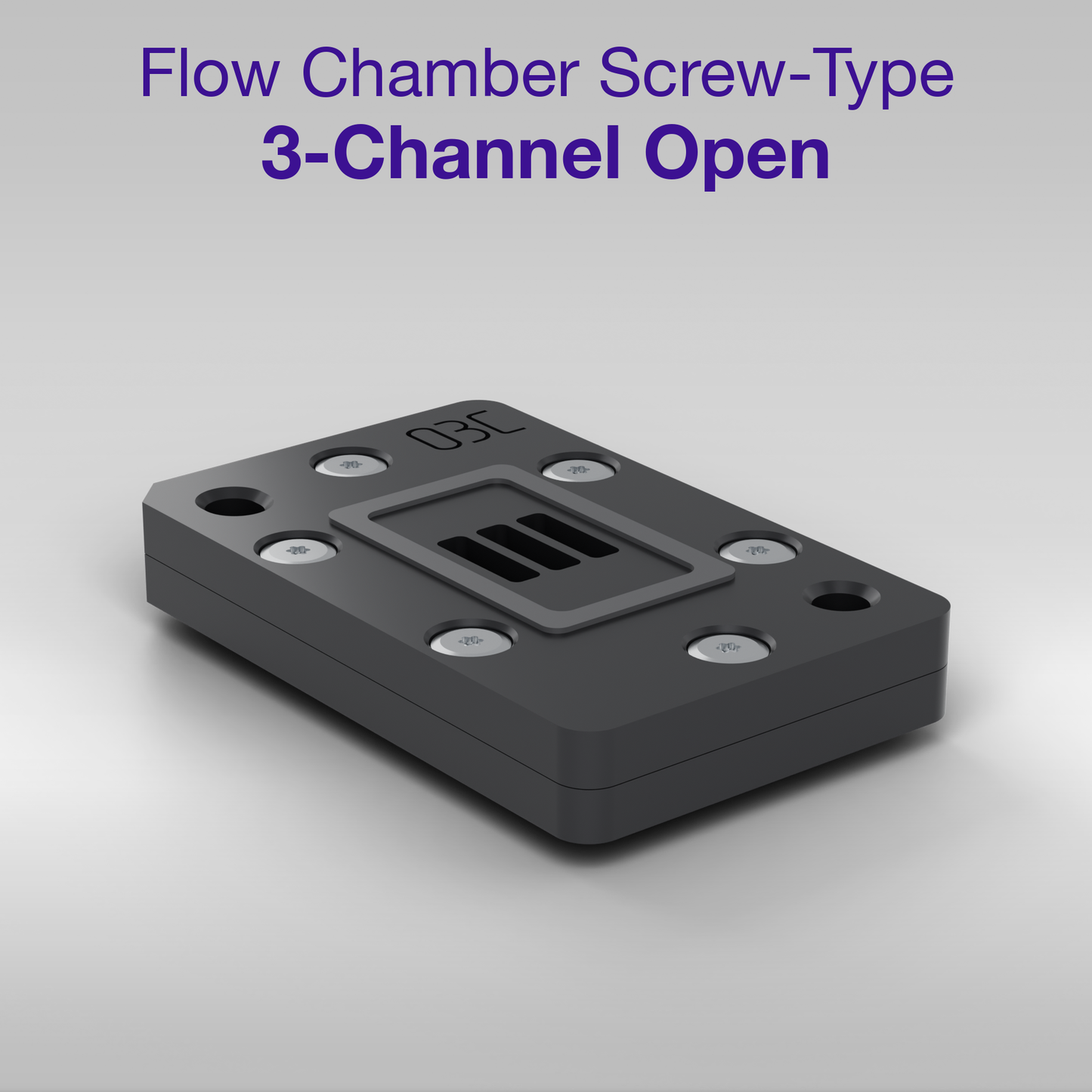 Assembled open 3-channel screw-type flow chamber: upper part fastened to the base plate with six stainless steel screws, three open wells accessible from above