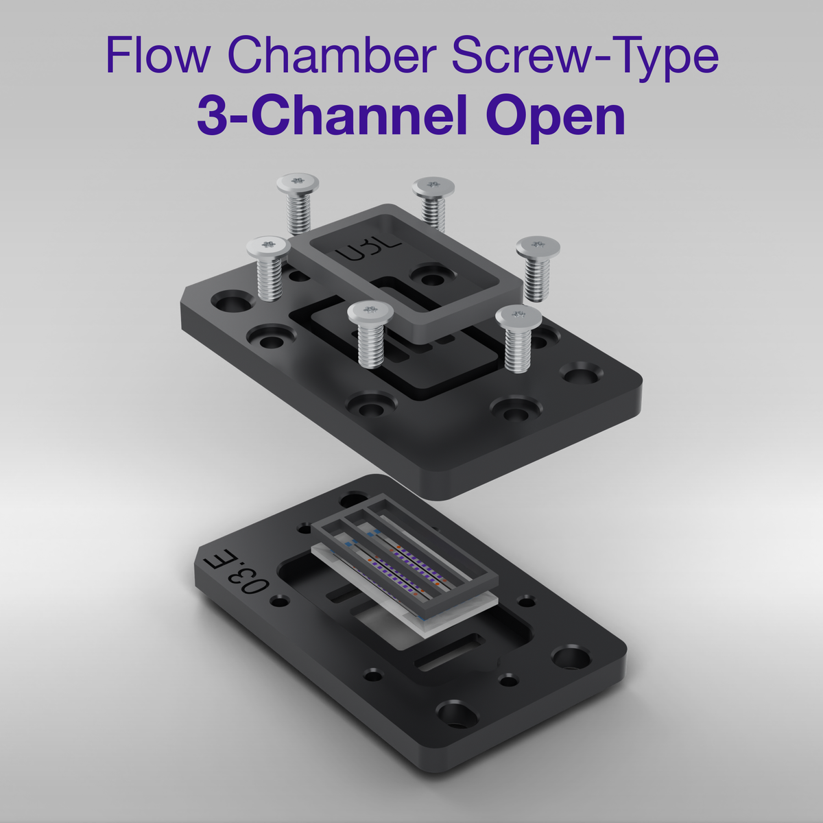 Exploded view of the open 3-channel screw-type flow chamber: upper part with three open wells, mologram sensor chip seated in the base plate, and the Torx assembly screws