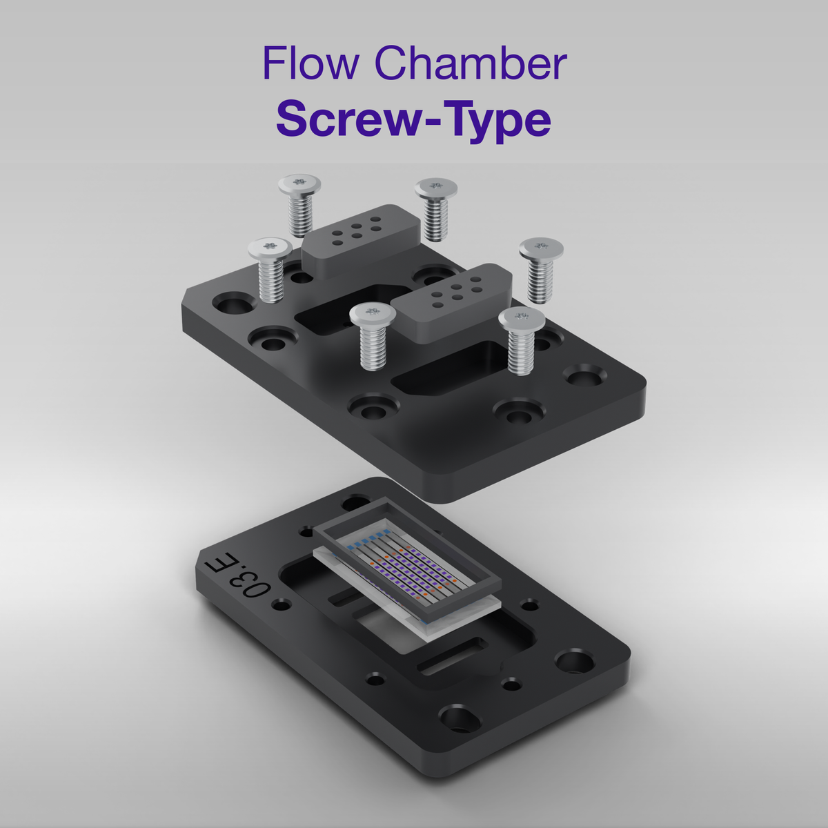 Exploded view of the screw-type reusable flow chamber for the MACS Matchmaker: upper part, mologram sensor chip seated in the base plate, and the Torx assembly screws.