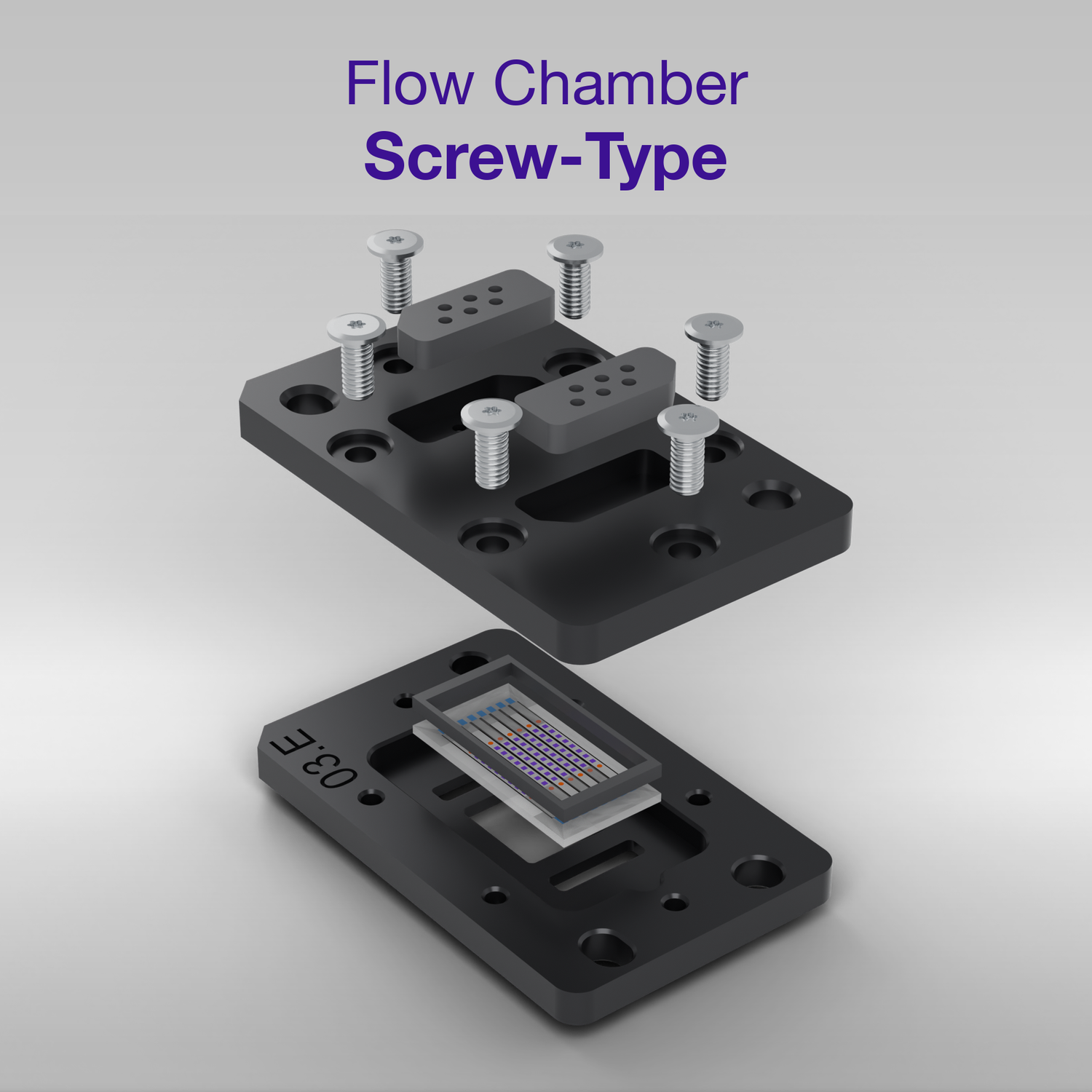 Exploded view of the screw-type reusable flow chamber for the MACS Matchmaker: upper part, mologram sensor chip seated in the base plate, and the Torx assembly screws.