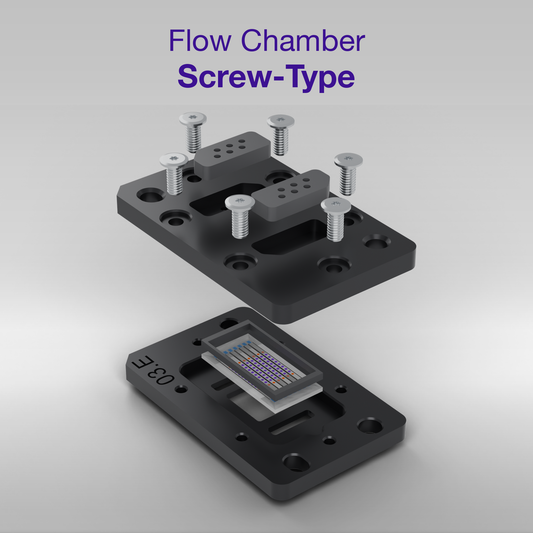 Exploded view of the screw-type reusable flow chamber for the MACS Matchmaker: upper part, mologram sensor chip seated in the base plate, and the Torx assembly screws.