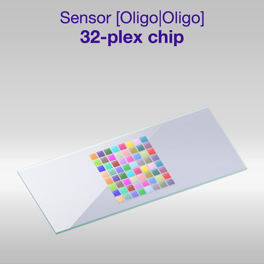 Sensor 2D PEG Oligo-Oligo 32-plex chip, one colour per oligo sequence