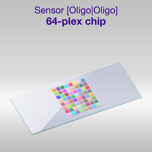 Sensor 2D PEG Oligo-Oligo 64-plex chip, one colour per oligo sequence
