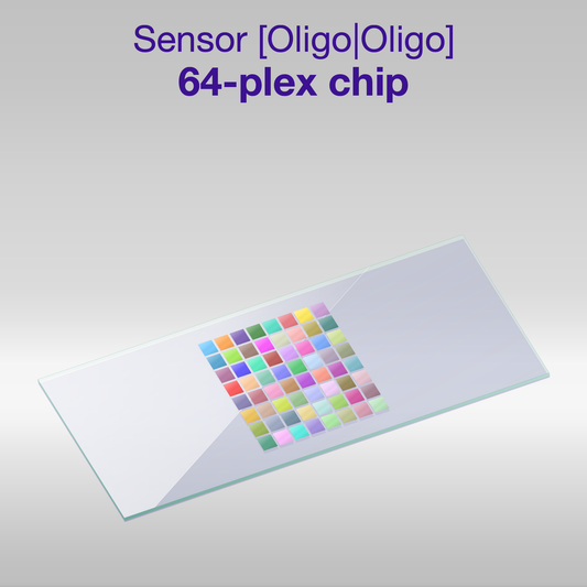 Sensor 2D PEG Oligo-Oligo 64-plex chip, one color per oligo sequence